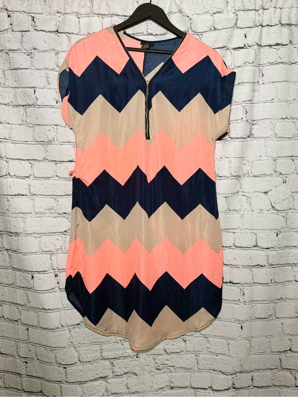 Chevron Stripe Pink Navy Beige Zip Front Tunic Dress. Size M